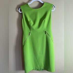 Kasper Vibrant Chartreuse Green Midi Dress Gold Accents NWOT